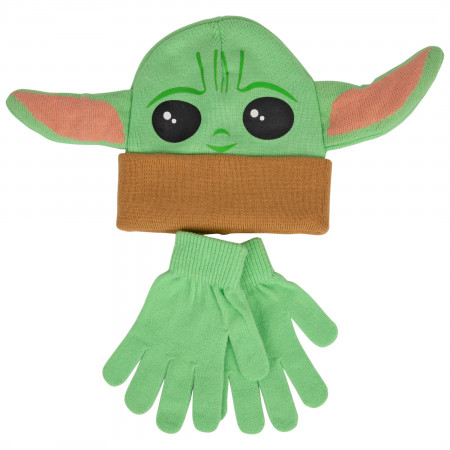 Star Wars The Child Grogu Character Head Kids Knit Beanie & Glove Set